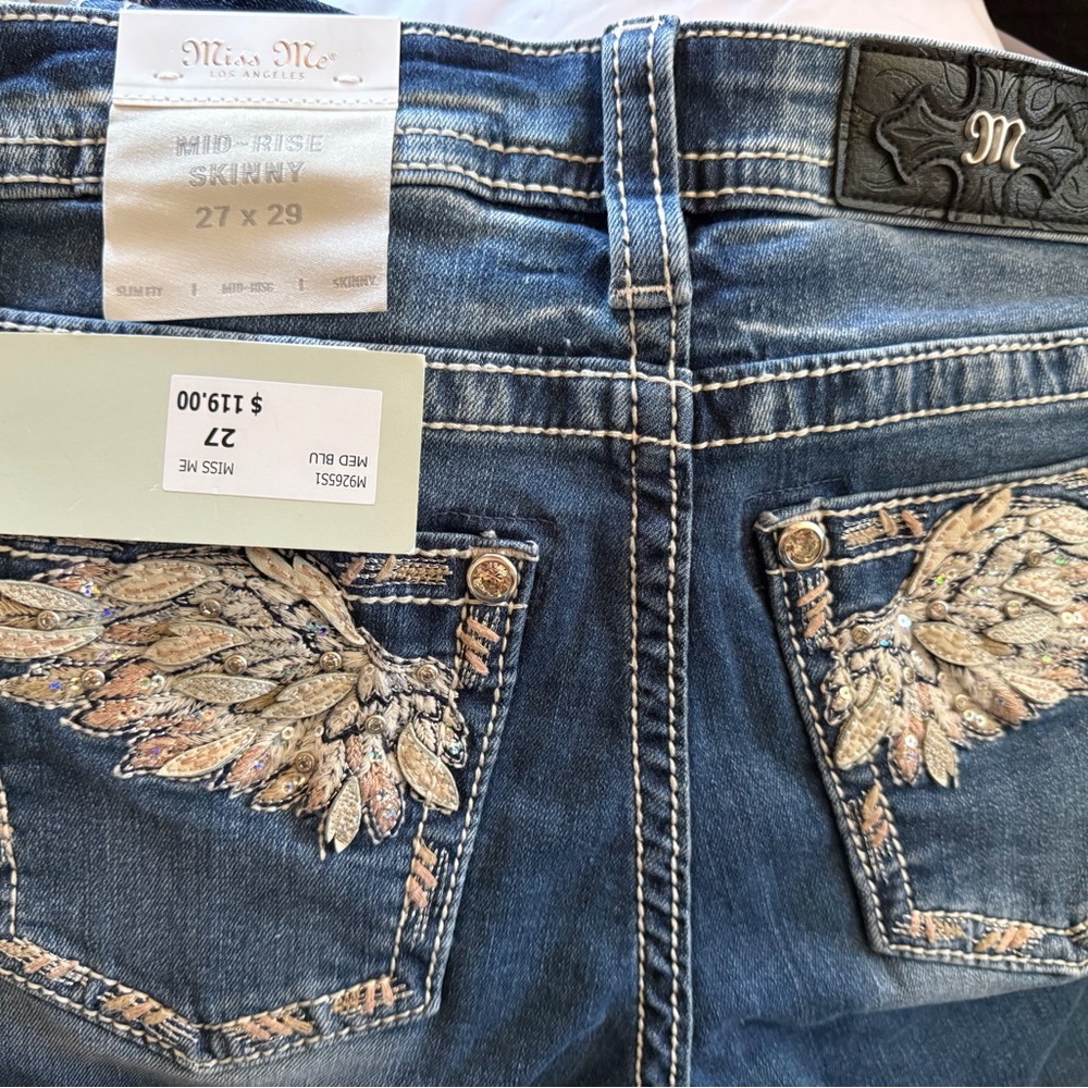 Miss Me Mid-Rise Skinny Jeans with Embellished Pockets - Blue